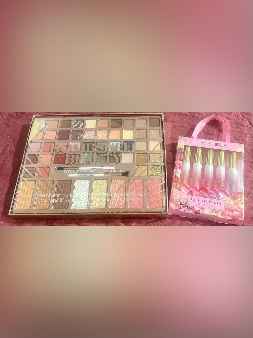 Paris Hilton Bombshell Beauty face and eye palette and Extreme Plump lip set
